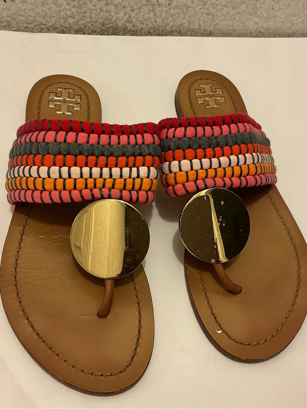 Tory Burch Multicolor Woven Strap Toe-Post Sandal with Gold Disk